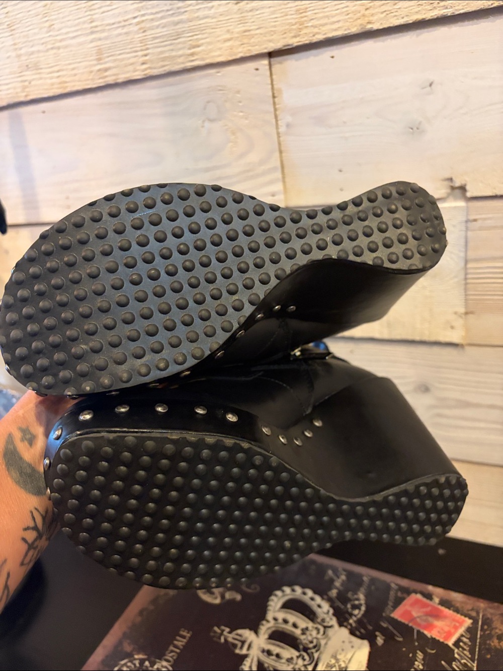 Harley-Davidson Black Leather Wedge Booties with Studded Platform and Buckles - Picture 5 of 8